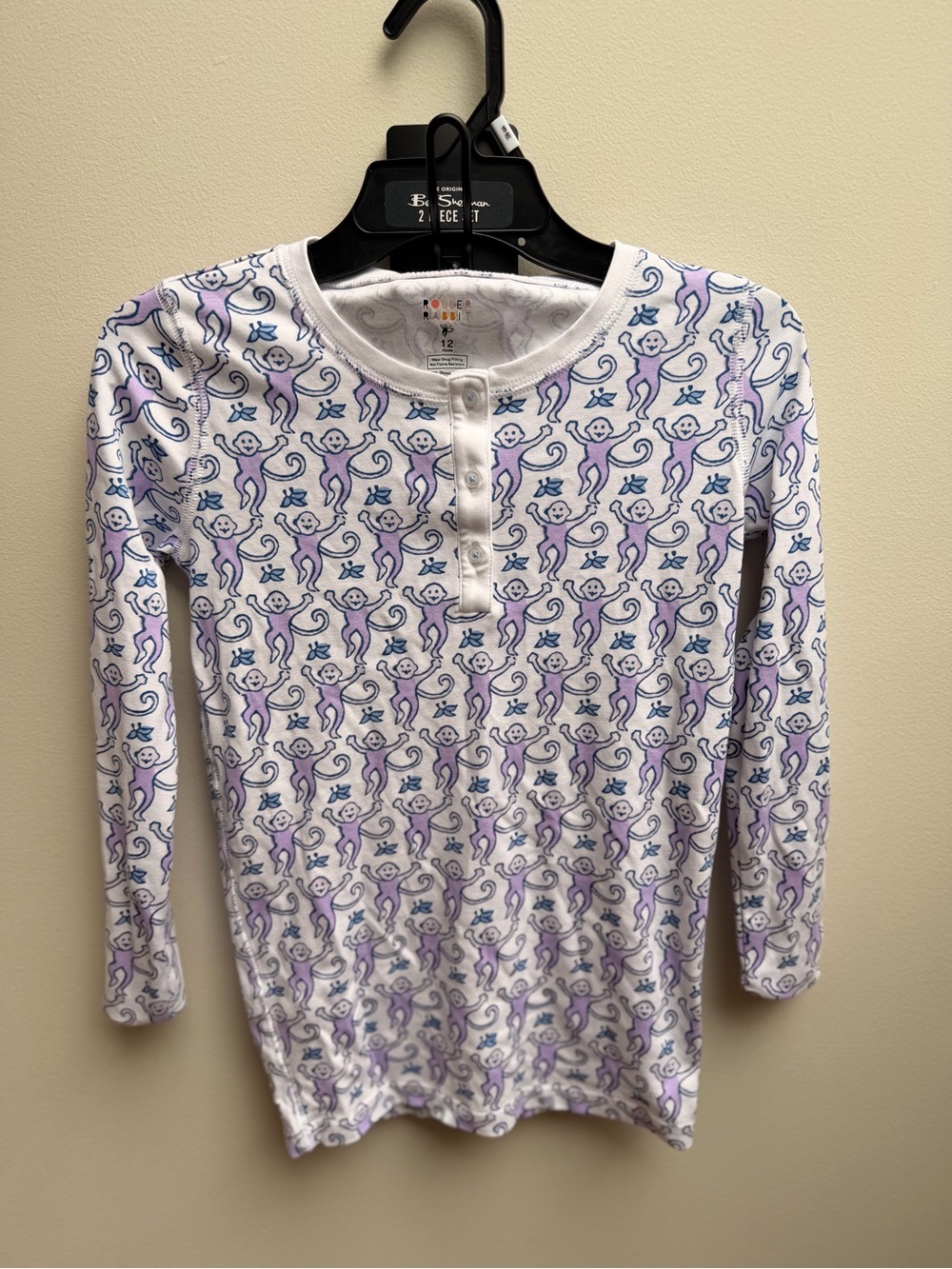 Roller Rabbit White Henley Top with Purple and Blue Monkey Print